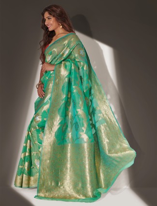 Elegant Mint Green Organza Saree for Weddings