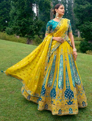 Blue and yellow unstitched silk lehenga choli