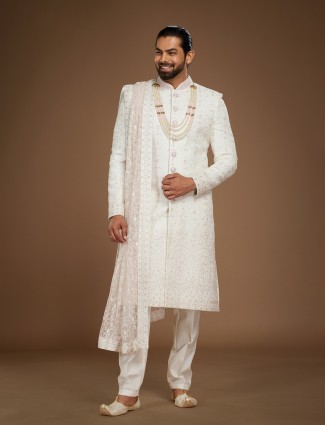 Classy white raw silk groom sherwani