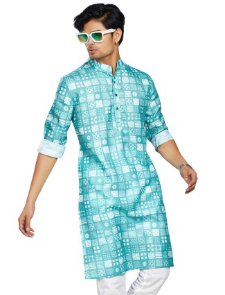 Printed rama green cotton kurta