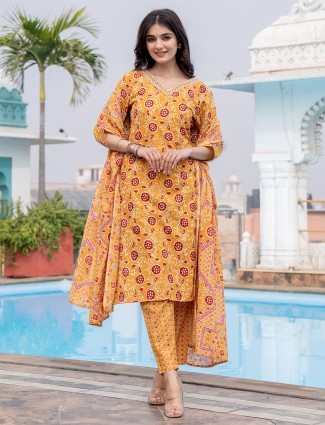 Cotton printed casual yellow kurti set