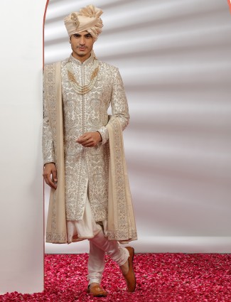 Cream raw silk grooms sherwani Cream raw silk grooms sherwani