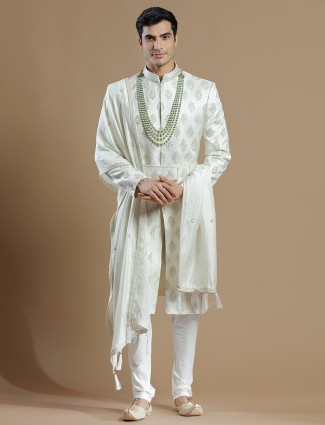 Cream raw silk premium groom wear sherwani