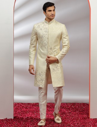 Cream men Sherwani in Raw Silk