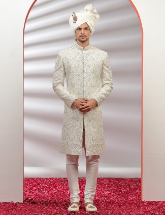 Cream sherwani for groom and wedding in raw silk