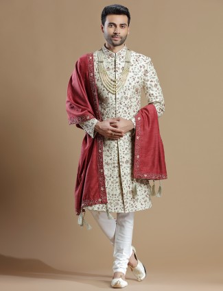 Raw silk cream rich groom wear sherwani