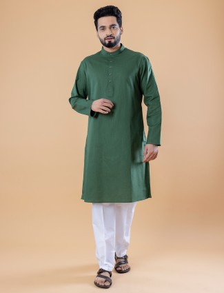 Plain cotton dark green kurta suit