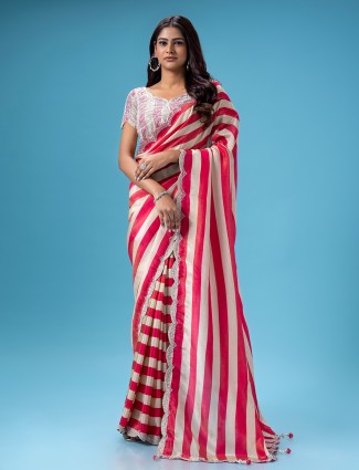 Dark pink stripe mashru silk saree