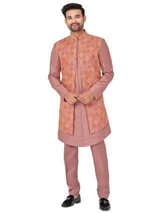 Printed dusty peach silk indowestern