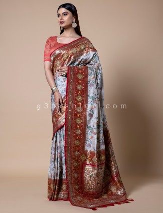 Elegant White Silk Printed Saree