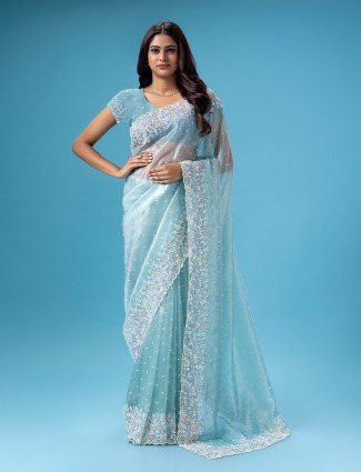 Sky blue organza saree for wedding