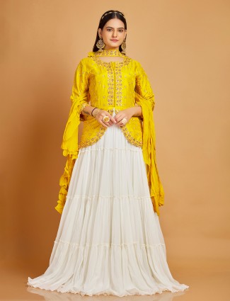Yellow and white floor length suit