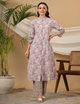 Printed beige floral kurti in cotton