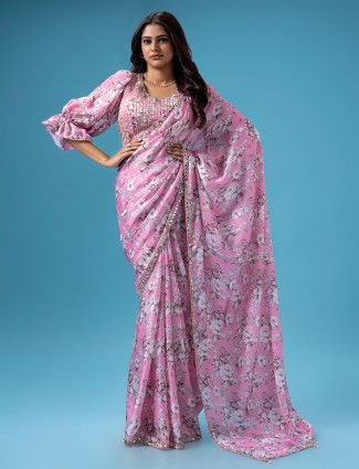 Floral printed mashru silk pink saree