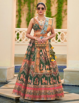 Silk dark green stylish lehenga choli