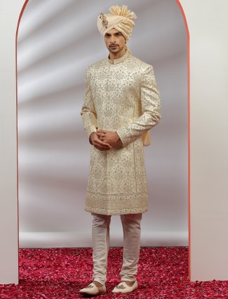 Cream raw silk sherwani for groom and wedding