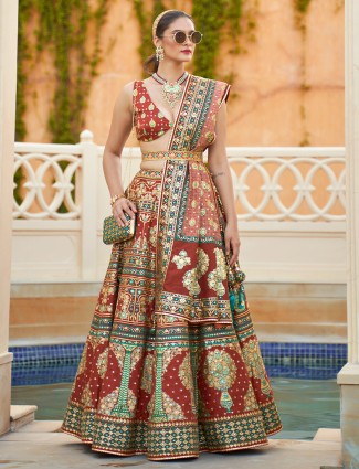 Printed brown lehenga choli in silk