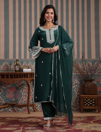 Dazzling dark green silk kurti set