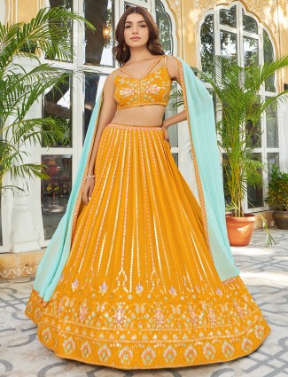Mustard yellow georgette wedding lehenga choli