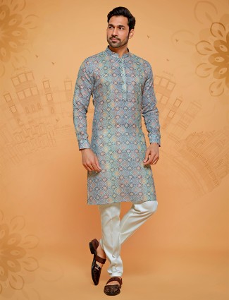 Light blue linen cotton printed kurta suit