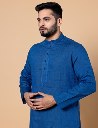 Royal blue plain linen kurta suit