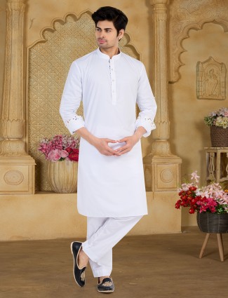 Trendy white plain cotton kurta suit