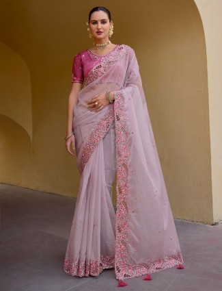 Light pink saree with embroidery border