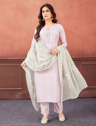 Light purple silk salwar suit with floral dupatta
