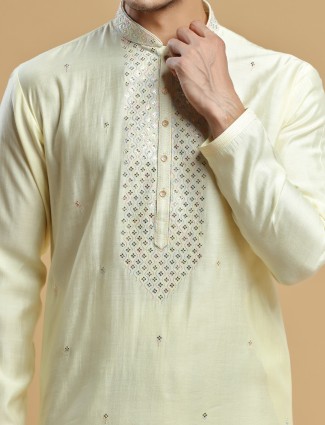 Silk kurta suit in light yellow for festive