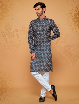 Printed charcoal grey kurta suit
