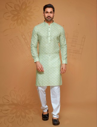 Pista green linen cotton kurta suit