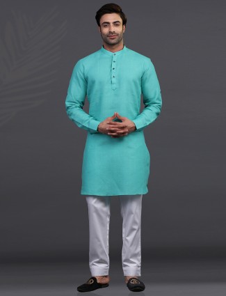 Sea green linen festive wear kurta suit