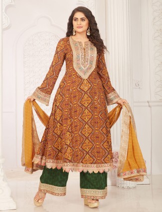 Silk mustard yellow printed palazzo suit