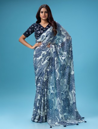 off white and blue chiffon printed saree