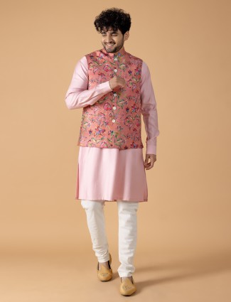 Peach and pink printed waistcoat set