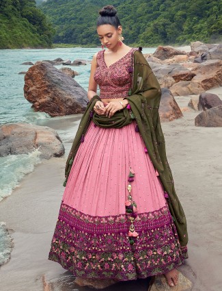 Pink georgette lehenga choli with contrast dupatta