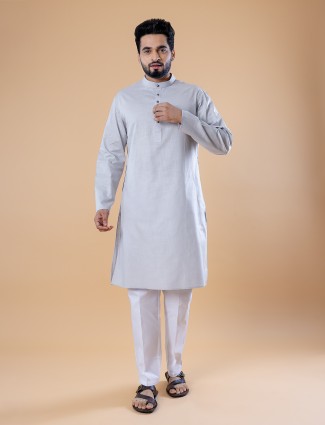 Light grey plain cotton kurta suit for festive