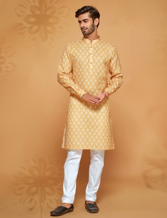 Light yellow printed festive kurta suit