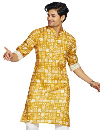 Beautiful mustard yellow printed cotton kurta