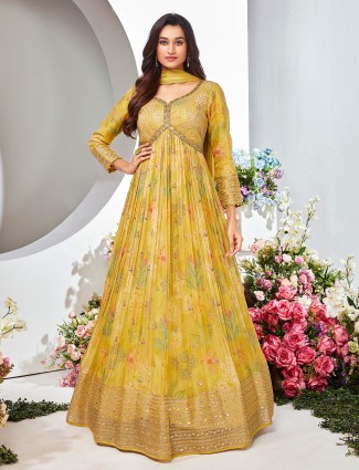 Printed yellow anarkali floor length suit