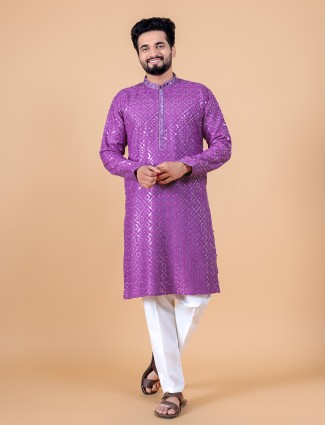 Purple embroidery silk kurta suit