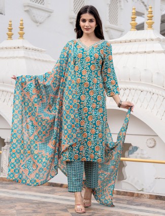 Rama blue cotton printed kurti set with dupatta