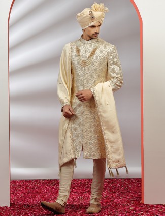 Raw Silk Sherwani for Groom in cream color