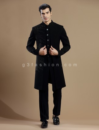 Black Terry Rayon Reception Wear Indowestern
