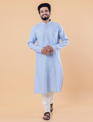 Sky blue plain sober kurta suit in cotton