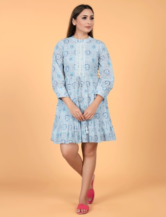 Printed Sky Blue Cotton Kurti