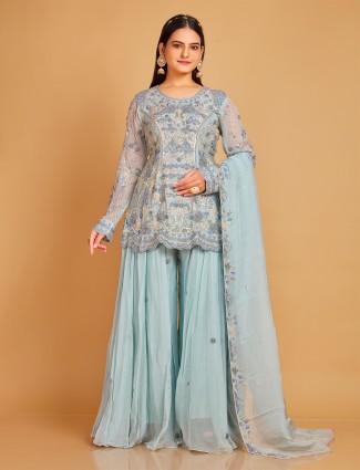 Georgette sky blue palazzo suit with dupatta