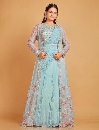 Sky blue jacket style floor length suit