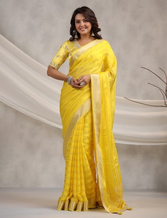Dark yellow soft organza wedding saree