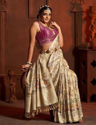 Fabulous cream silk saree